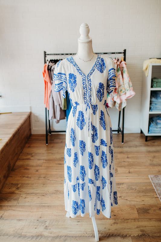 Blue Block Print Midi Dress