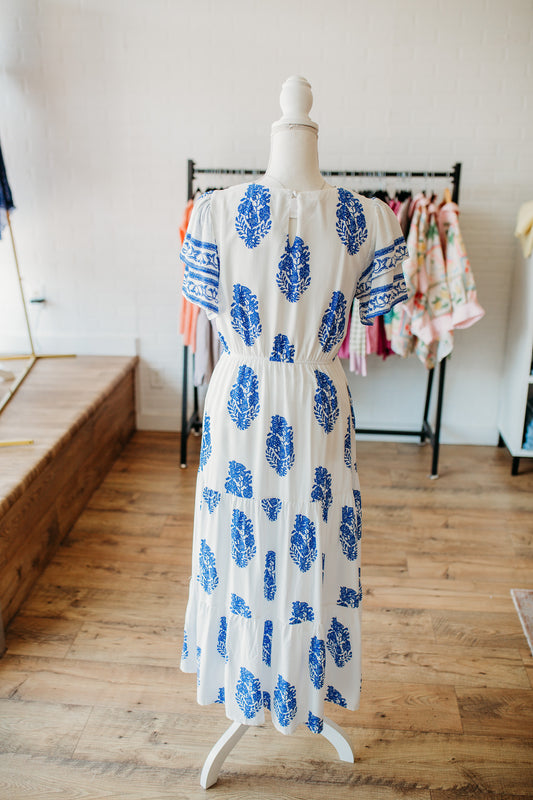 Blue Block Print Midi Dress