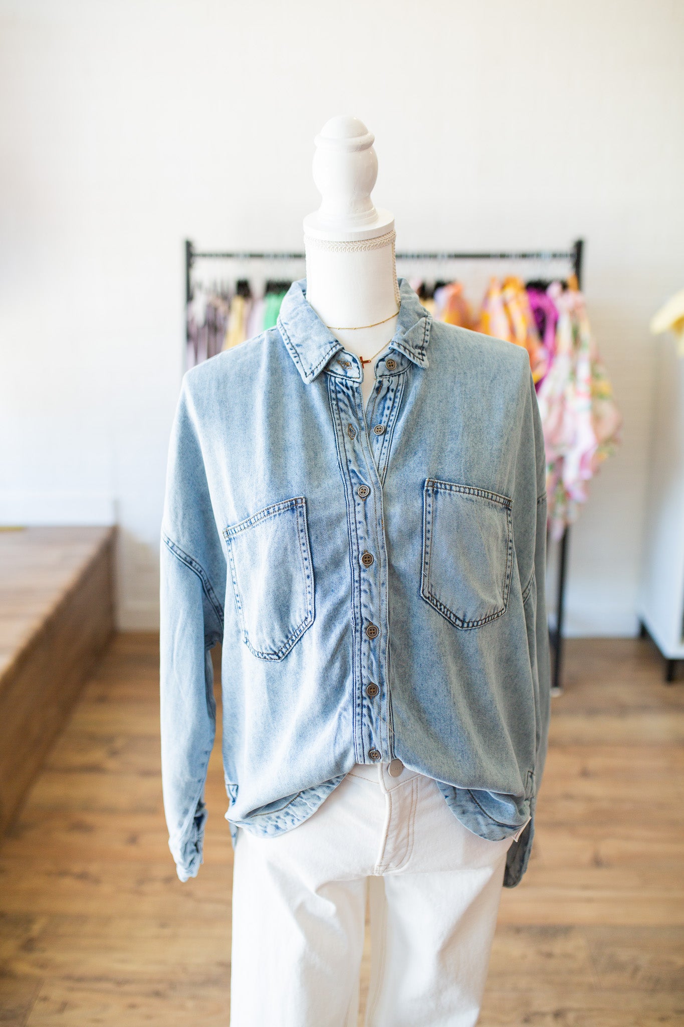 Washed Chambray Button Down Top