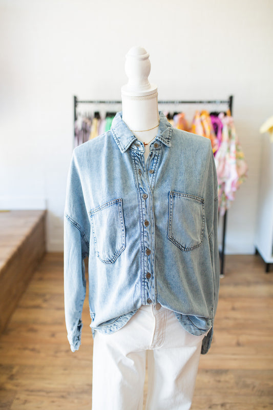 Washed Chambray Button Down Top