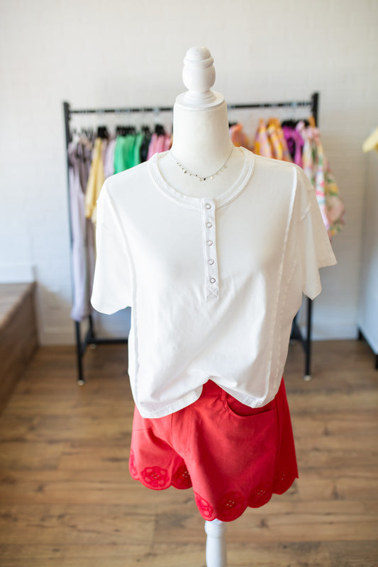 Boxy Fit Henley White Tee