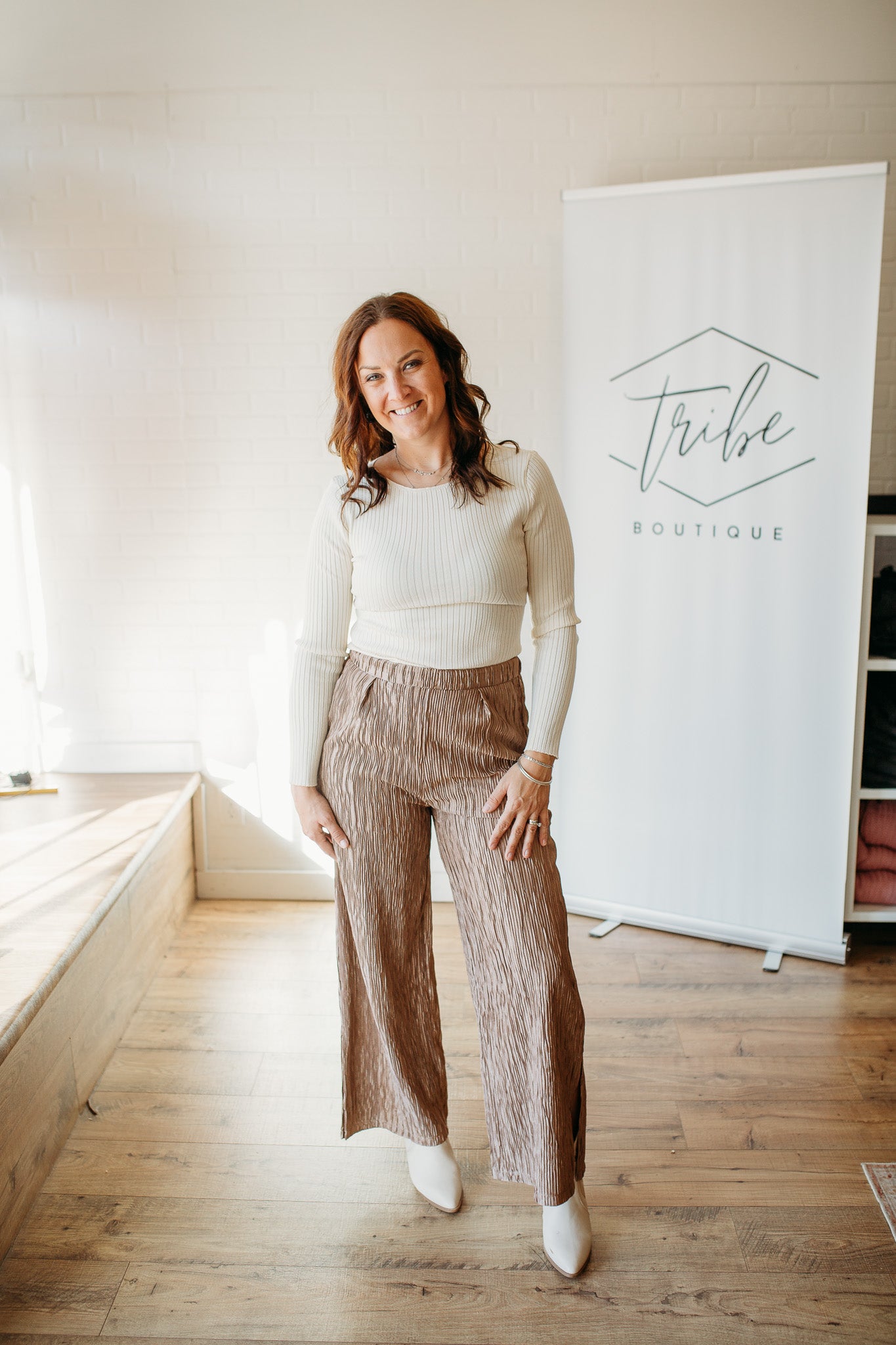 Brown Crinkle Fabric Pants
