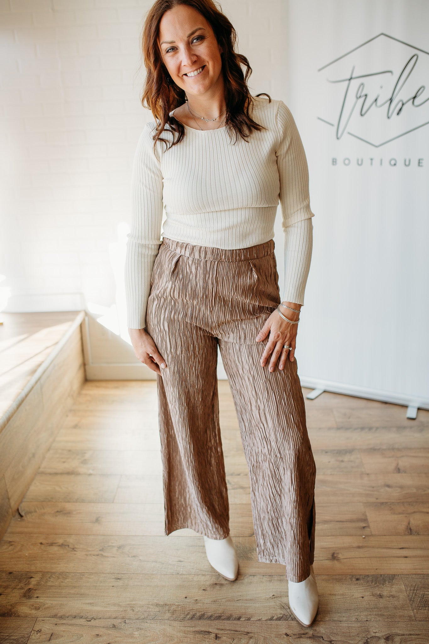 Brown Crinkle Fabric Pants