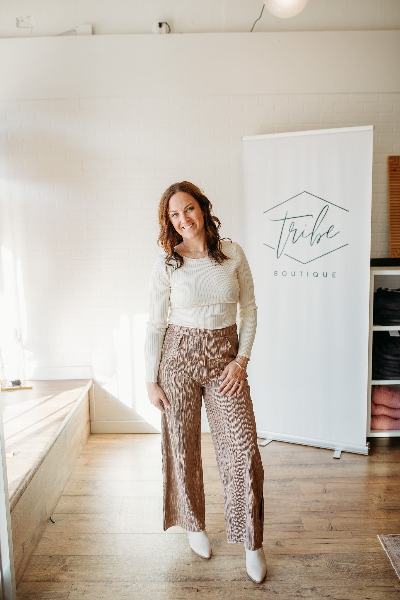 Brown Crinkle Fabric Pants
