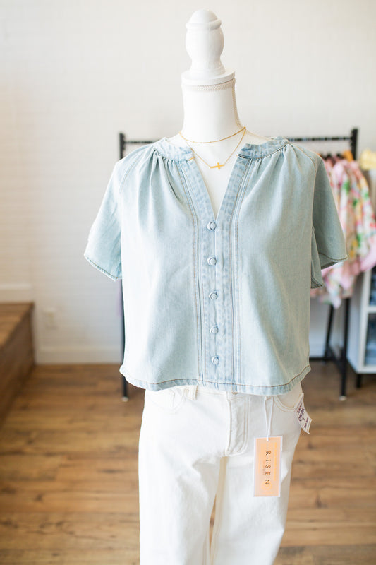 Washed Denim VNotch Blouse