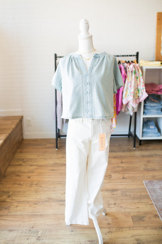 Washed Denim VNotch Blouse