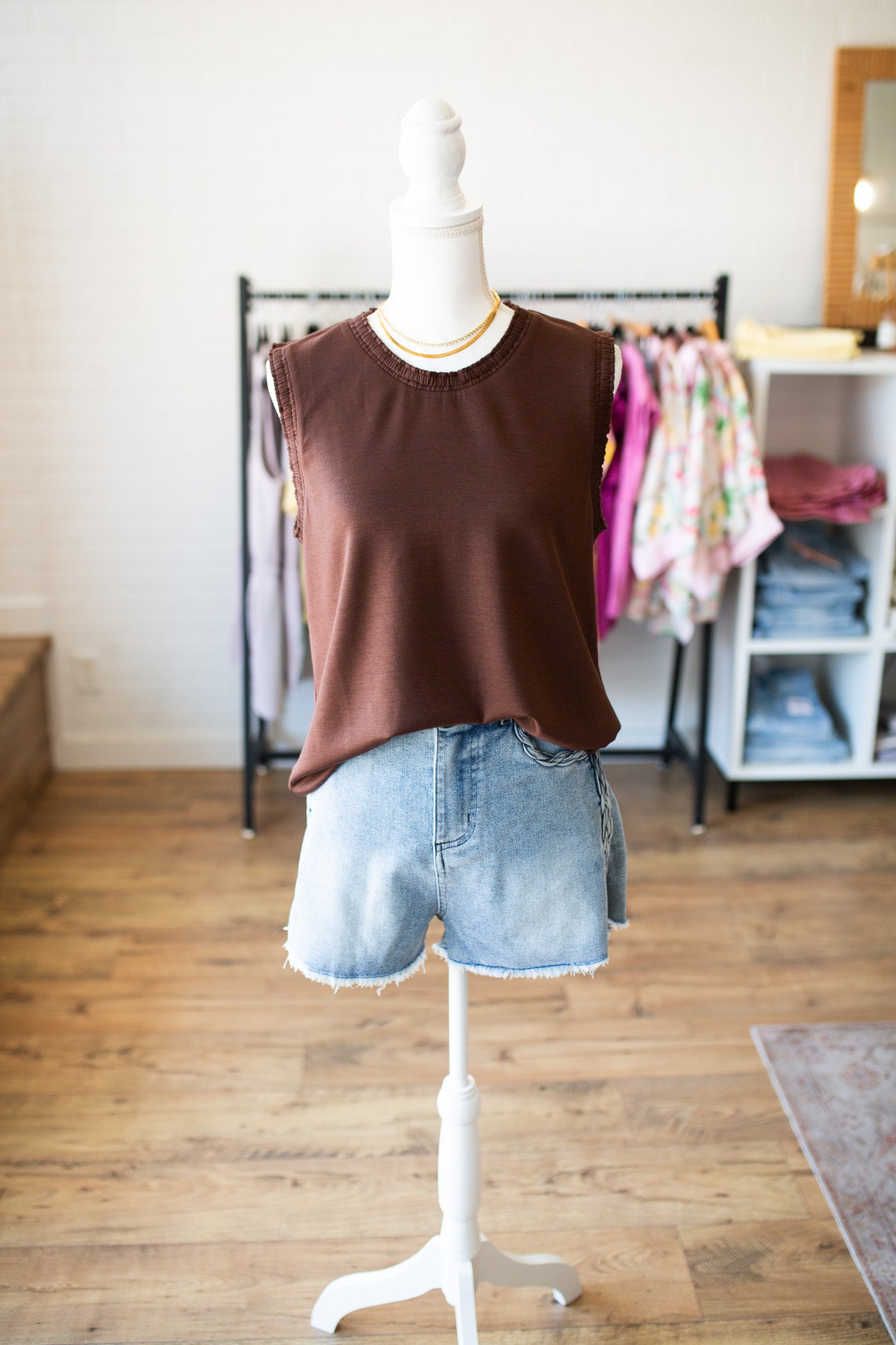 Brown Smocked Edge Tank