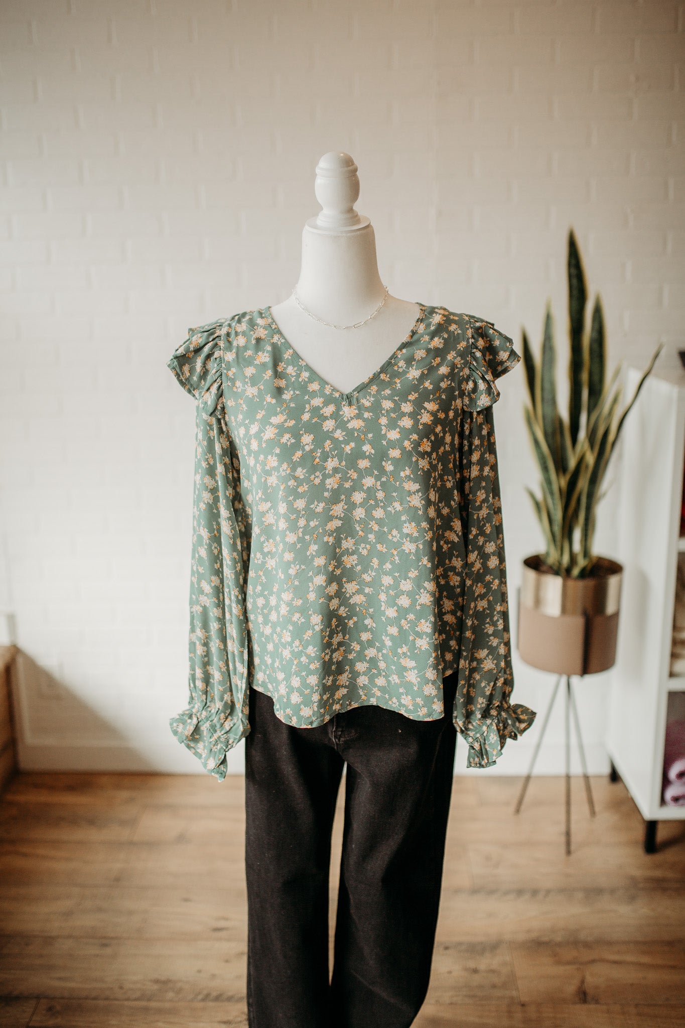 Sage Floral Ruffle Top