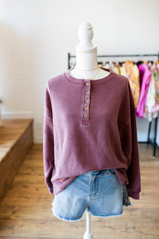 Henley Ribbed Pullover H Green/Burgundy