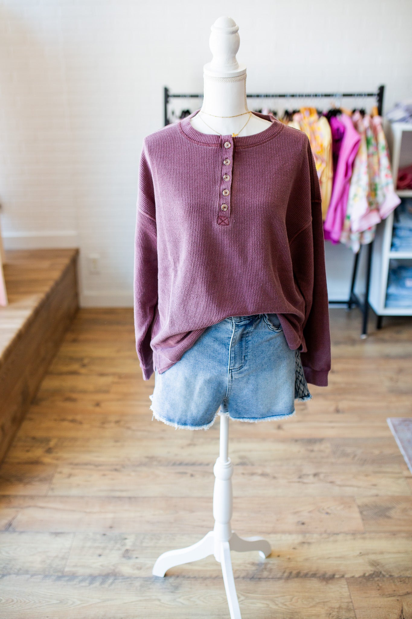 Henley Ribbed Pullover H Green/Burgundy