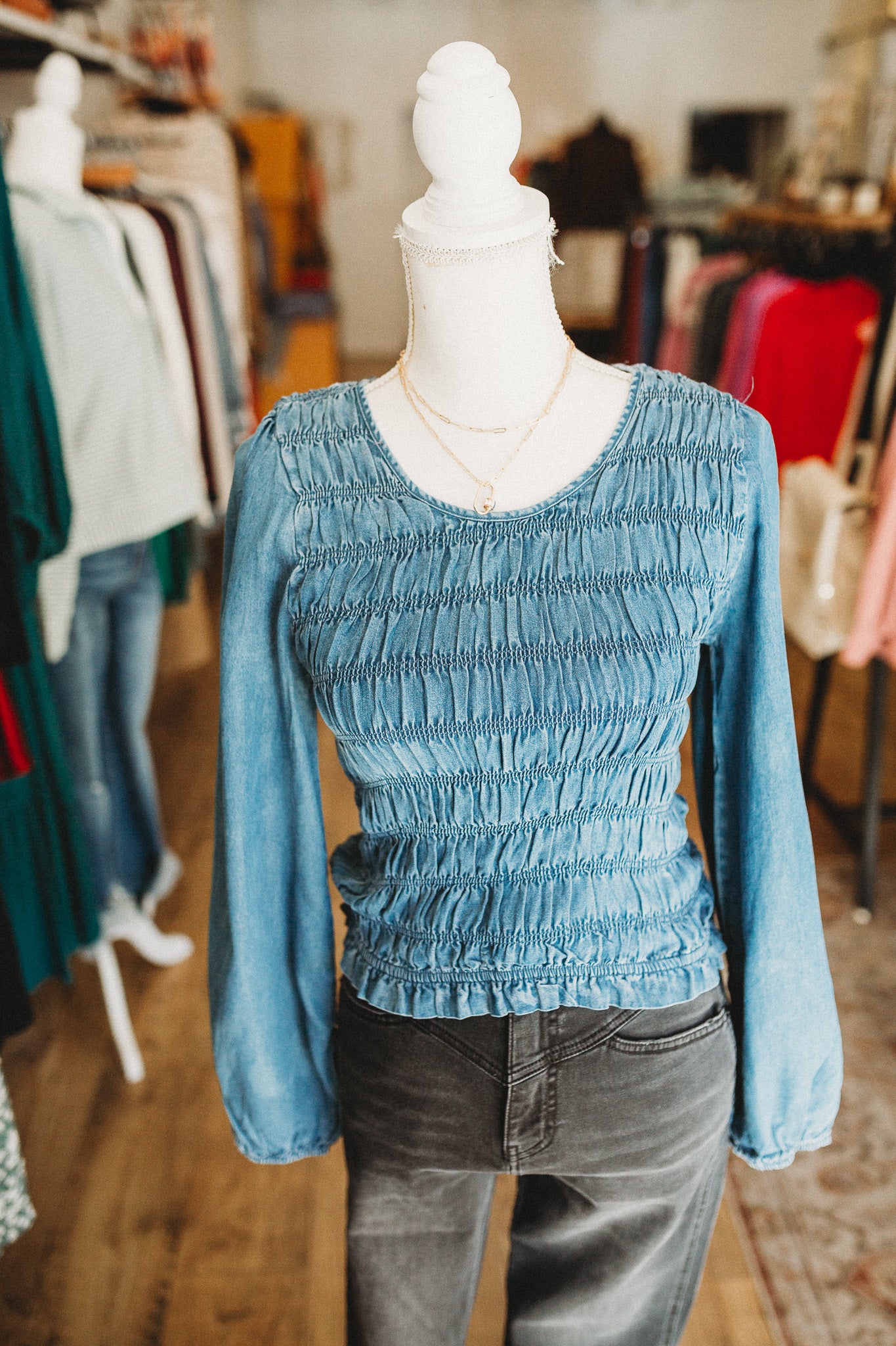 Smocked Denim Top