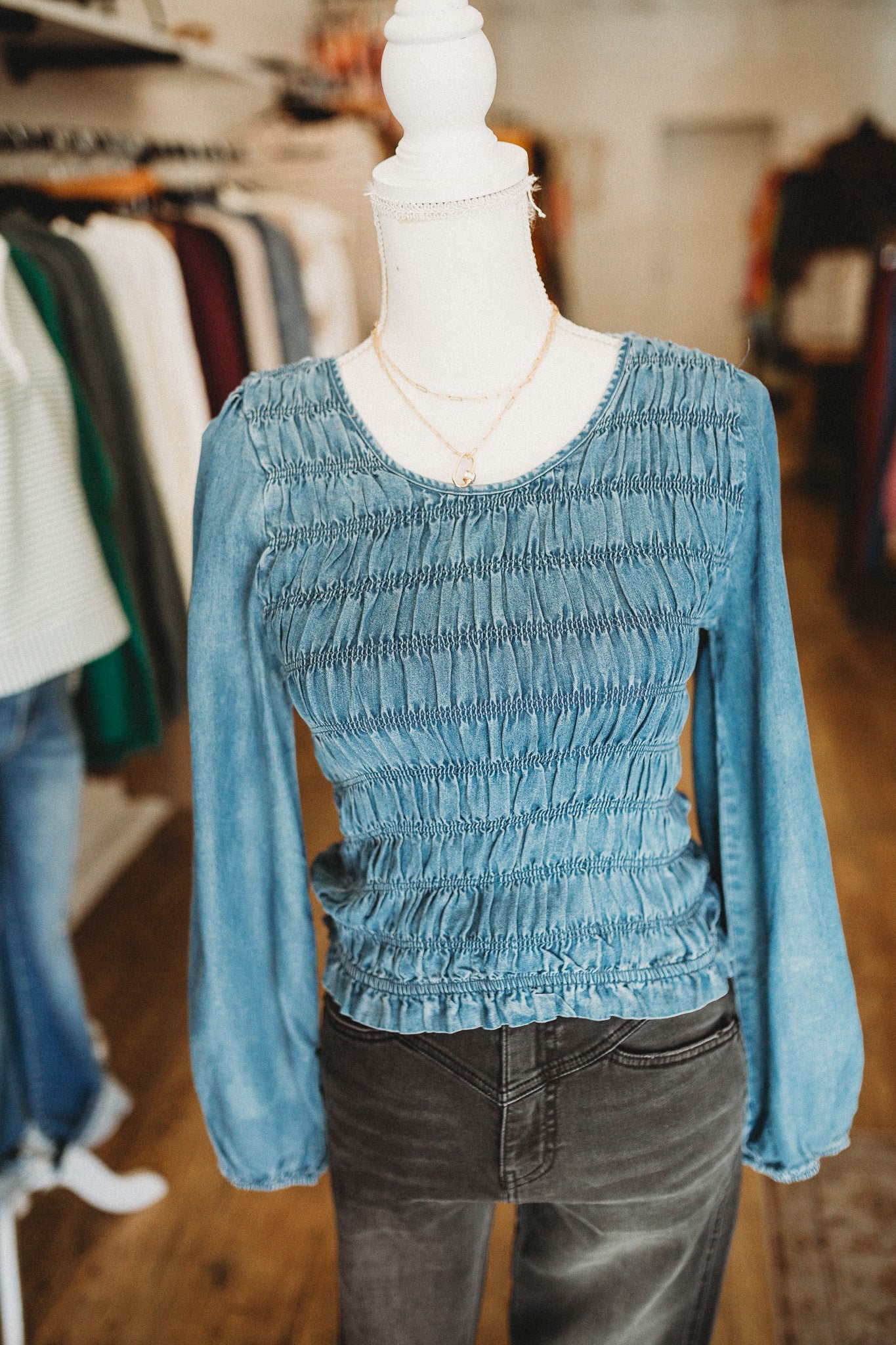 Smocked Denim Top