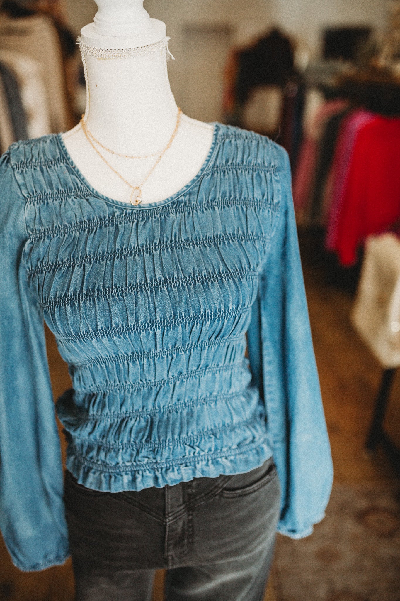 Smocked Denim Top