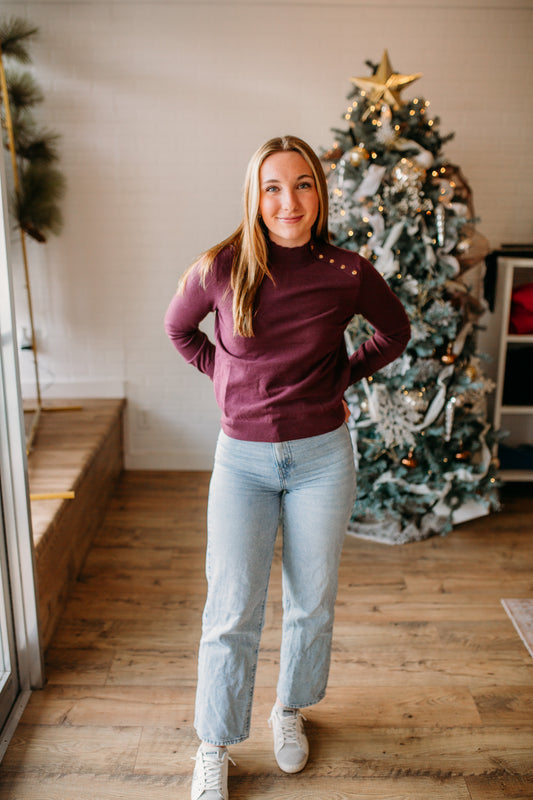 Plum Button Mock Neck Sweater