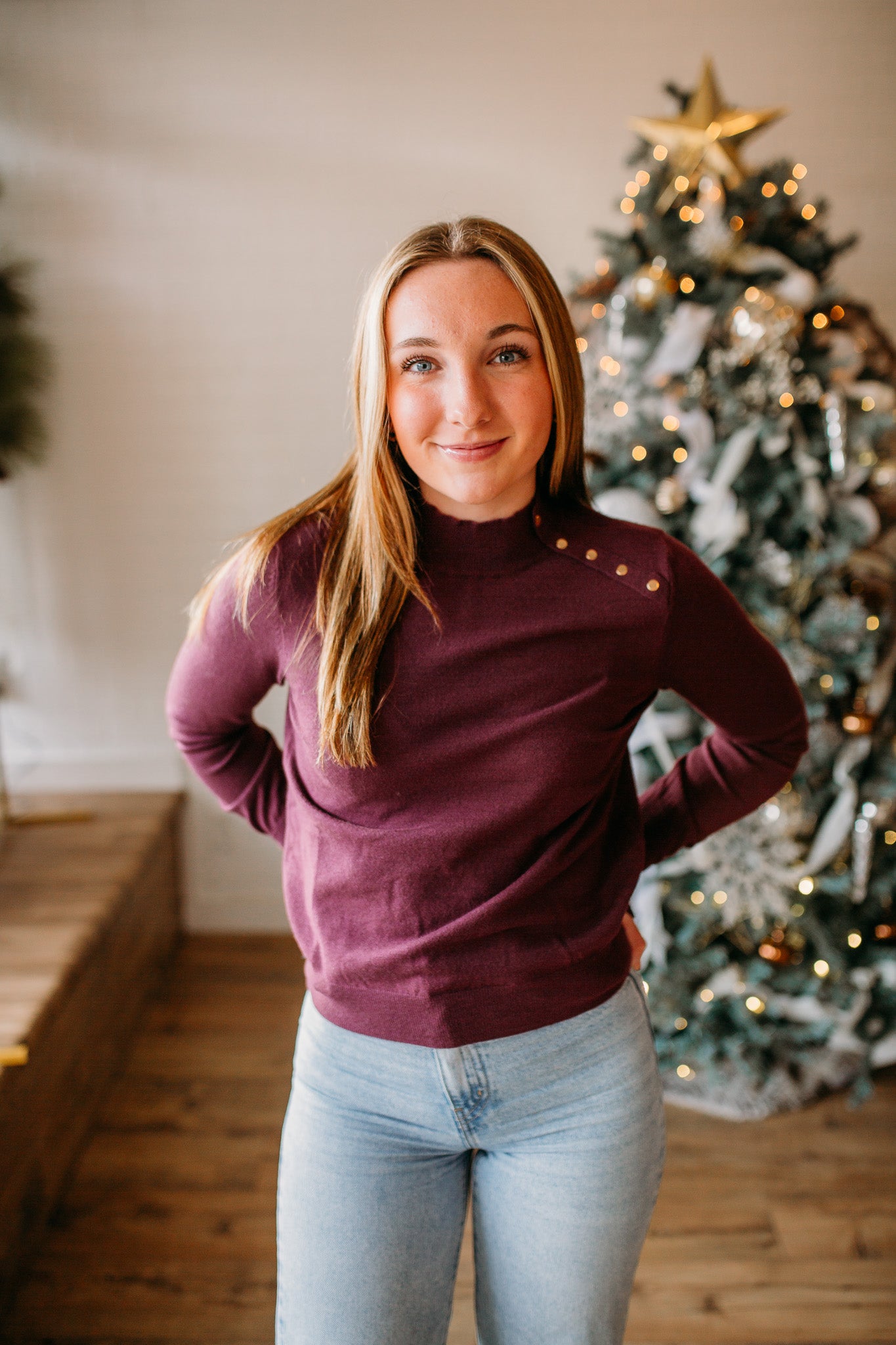 Plum Button Mock Neck Sweater
