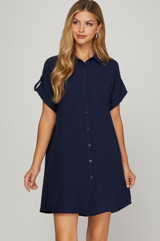 Navy Drop Shoulder Button Down Dress