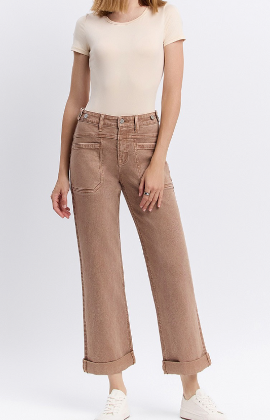 Warm Taupe Cuffed Wide Leg Denim