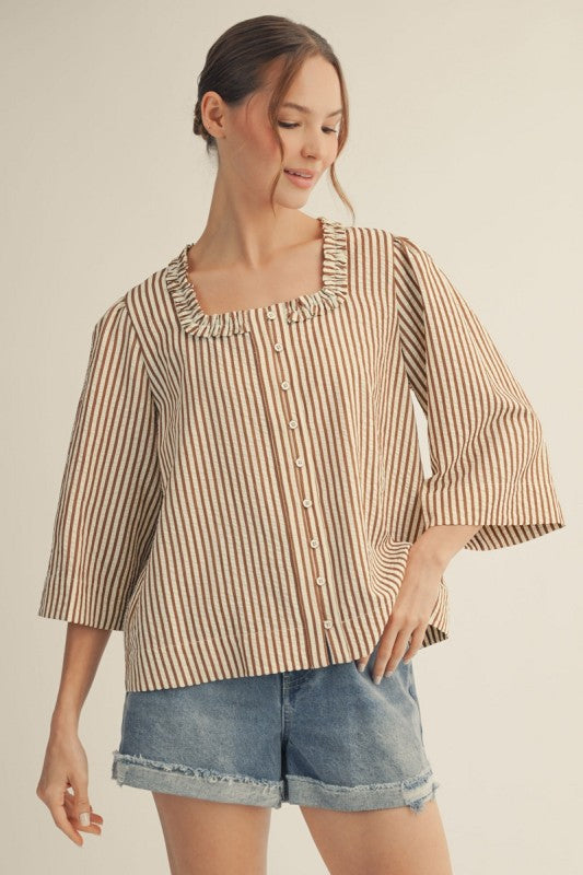 Brown Button Down Stripe Top