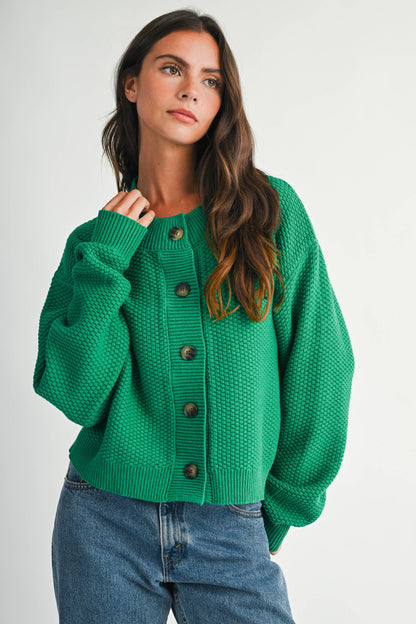Green Textured Button Front Cardigan Sweater