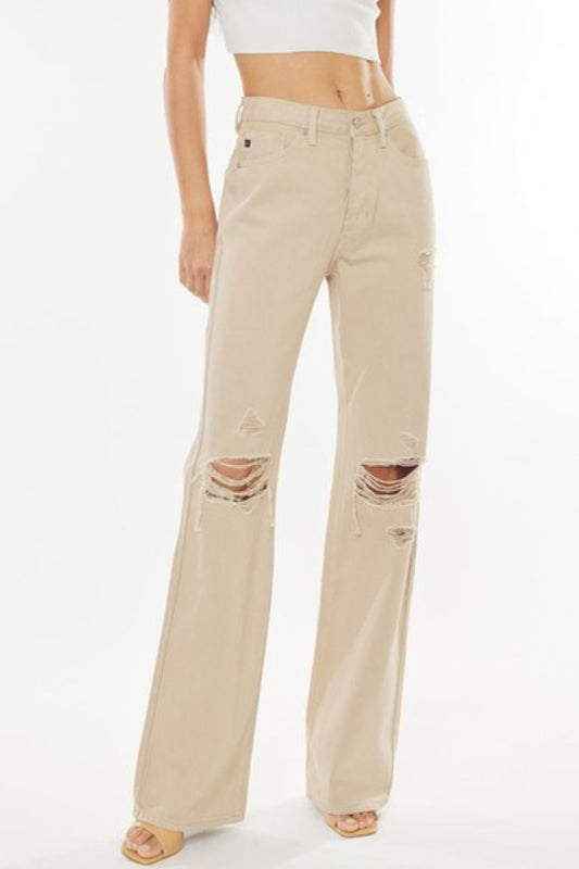 Kancan High-Rise Distressed Flare Jeans in Taupe