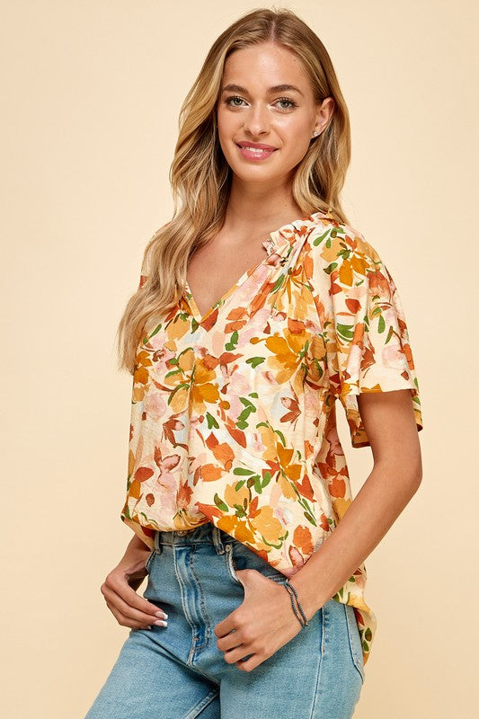 Yellow floral Printed V-Neck