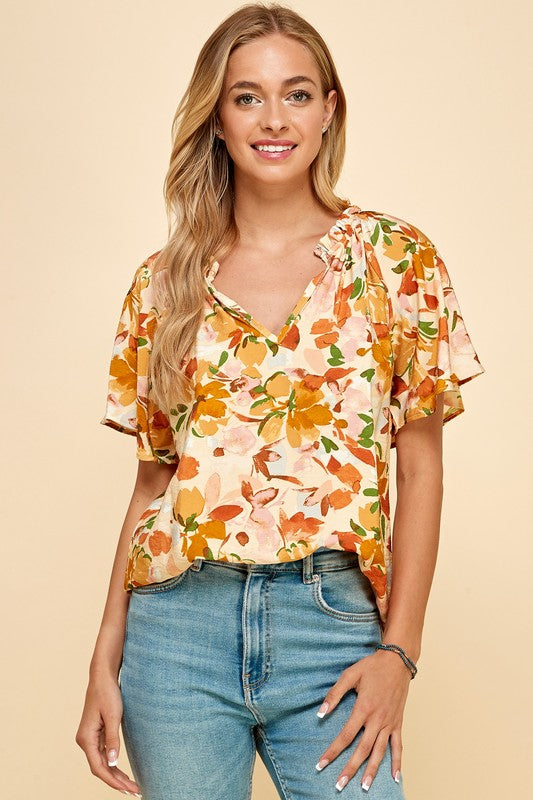 Yellow floral Printed V-Neck